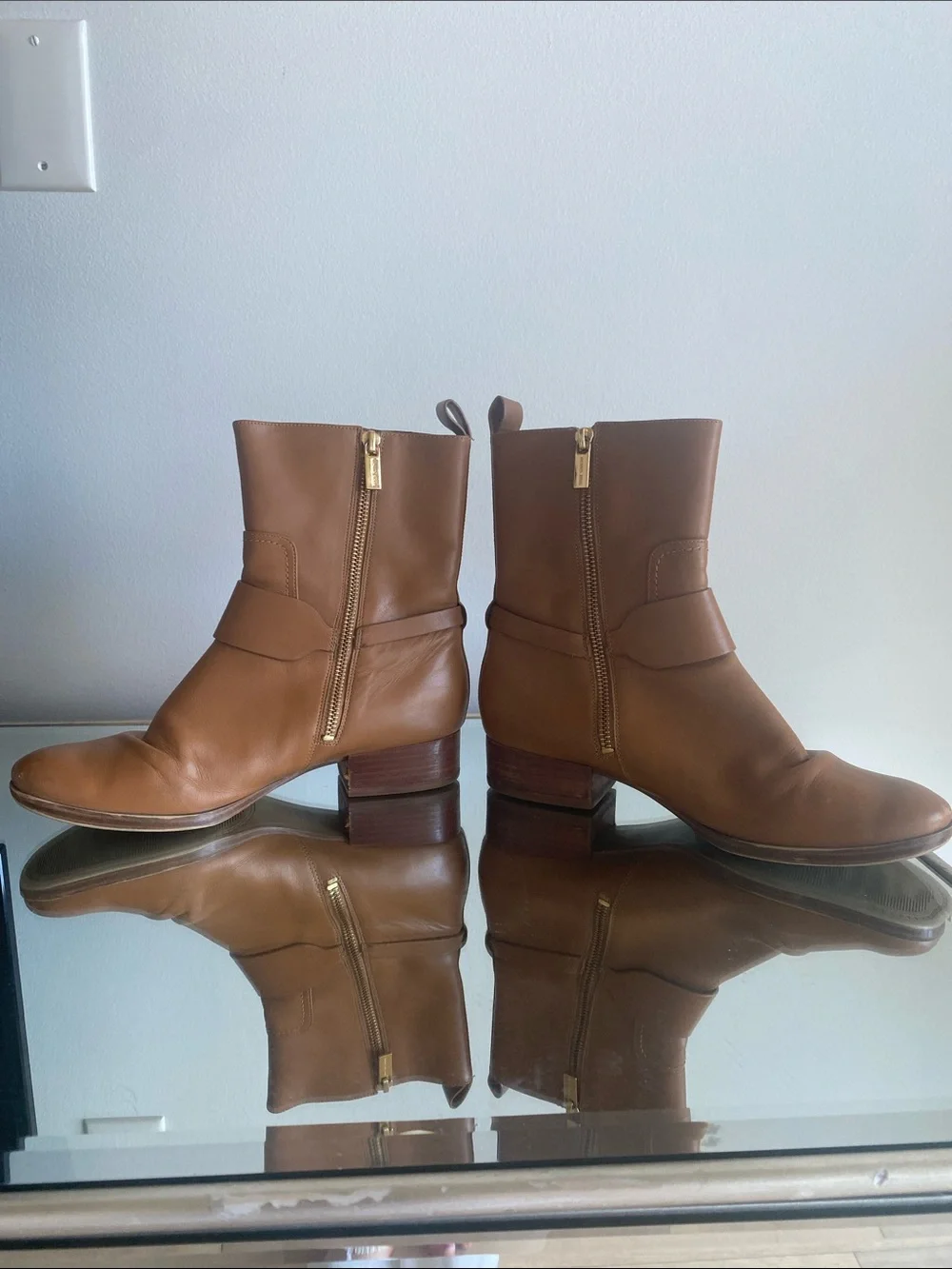 Michael Kors Brown Leather Mid-Calf Boots with Gold MK Emblem